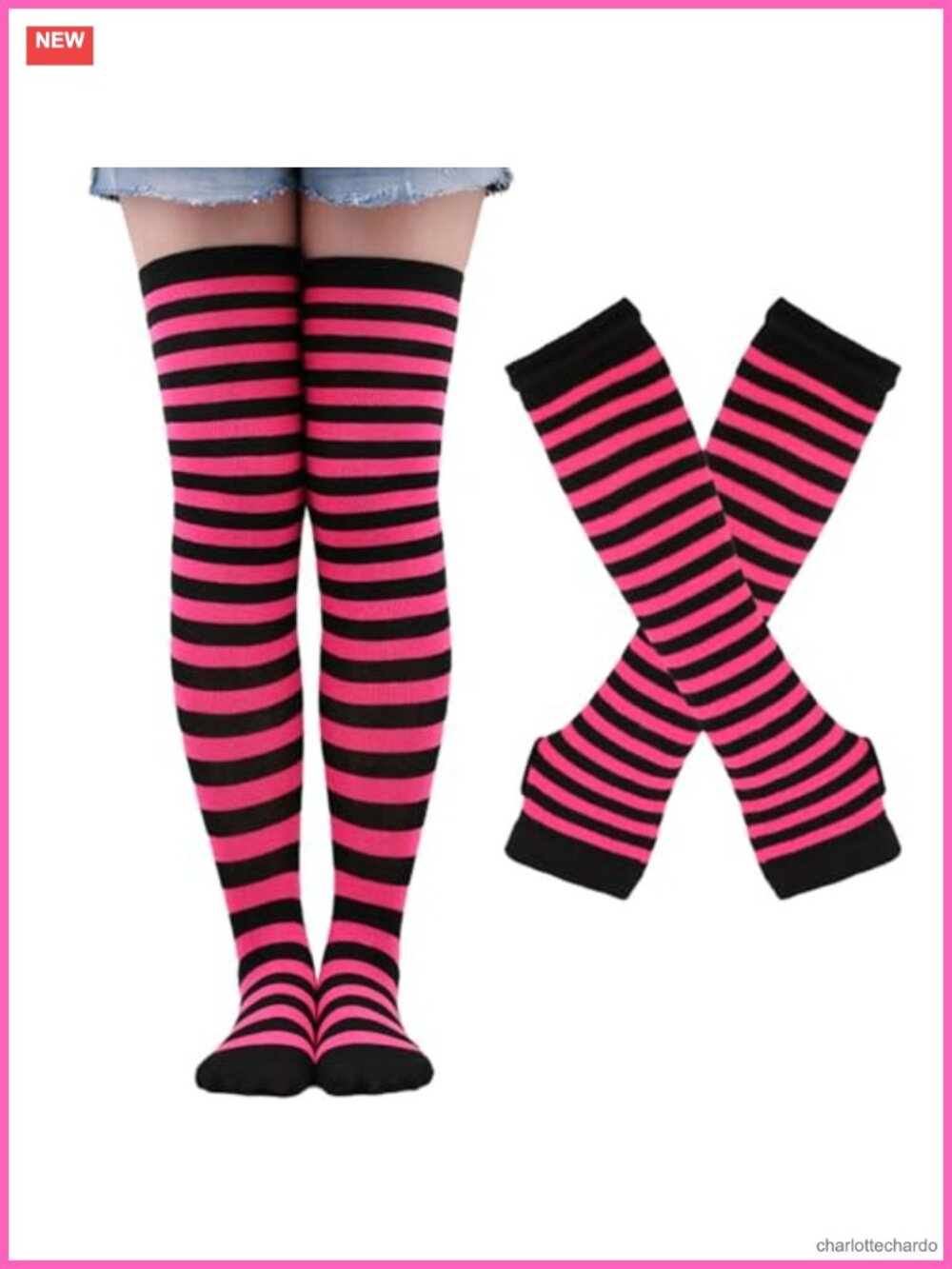 Knee High Leg Warmers Socks & Fingerless Gloves Set Striped Thigh High with